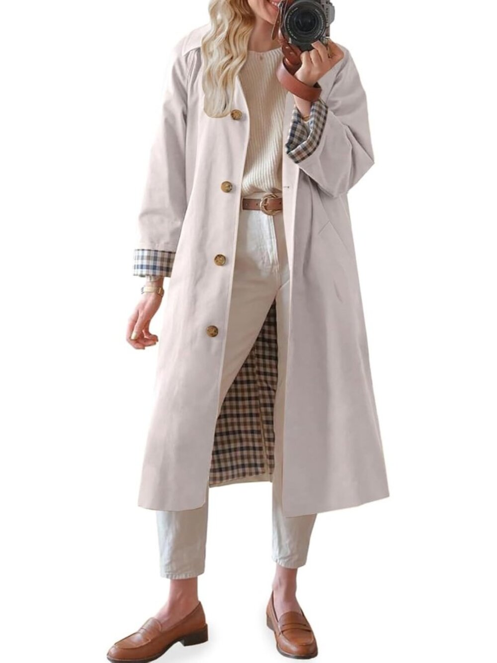 Women's Apricot Trench Oversized Button Down Checkered Long Sleeve Single Coat